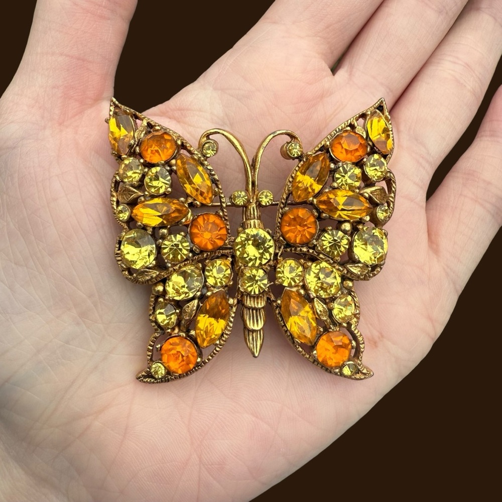 Vintage Signed REGENCY Cadmium Glow Butterfly Brooch Orange Yellow Gold Tone